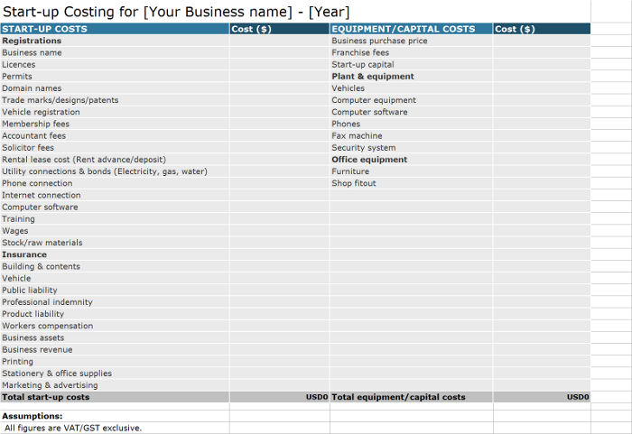 Startup Costing Template